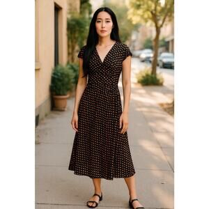 Nine West Dress Womens Small Black Polka Dot Short Sleeve Faux Wrap Midi Retro